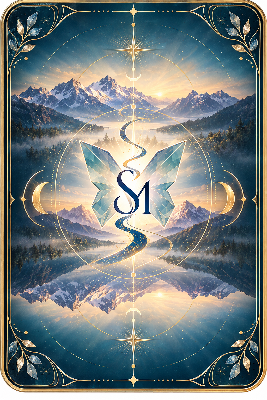Dos des cartes de l’Oracle de l’Évidence, monogramme SM et montagnes cristallines